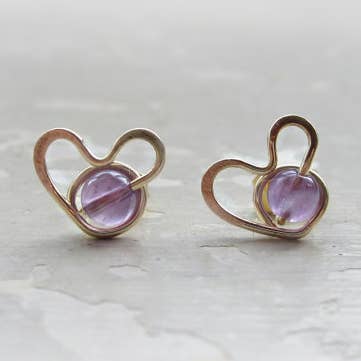 Amethyst + Gold Heart Stud Earrings for wholesale by Contempo Jewelry