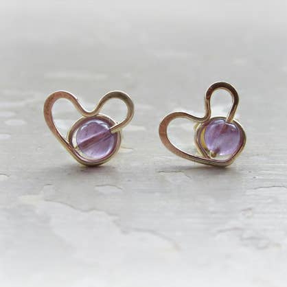 Amethyst + Gold Heart Stud Earrings for wholesale by Contempo Jewelry