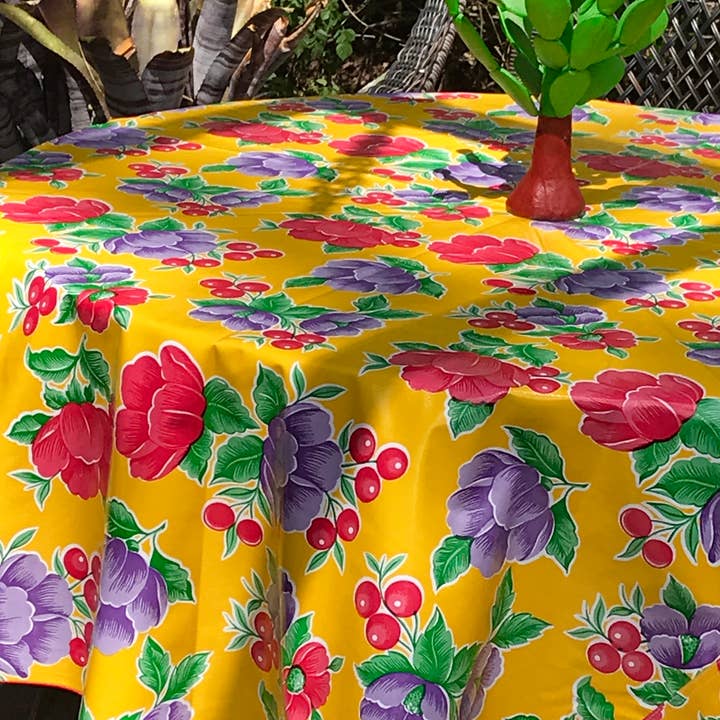 Yellow Poppy 68" Round Oilcloth tablecloth for wholesale by Oilcloth International