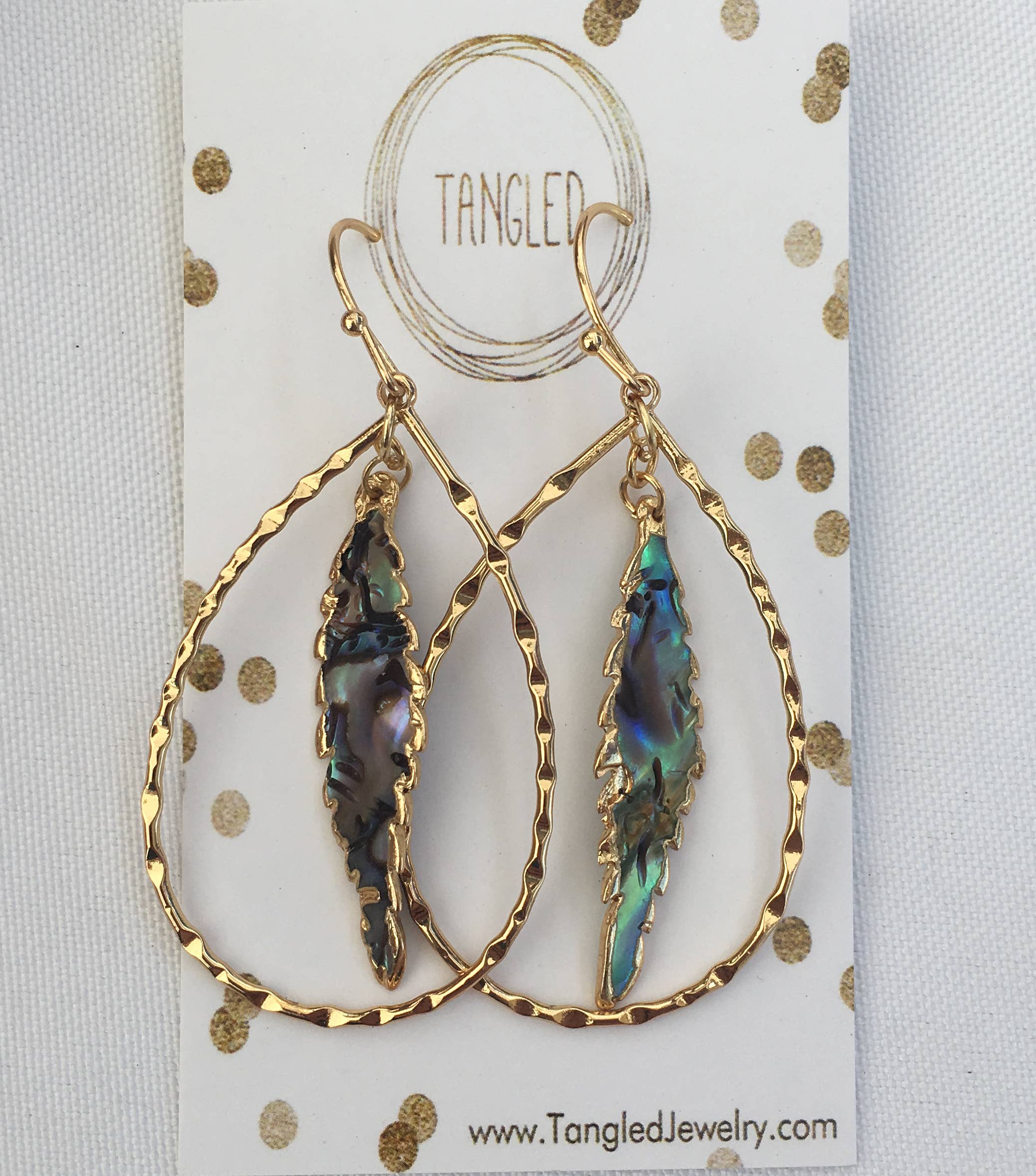Tangled Jewelry - Wholesale Dangle Earrings - Abalone Feather Hammered Frame Earrings0