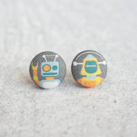 Rachel O's - Wholesale Stud/Post Earrings - Robot Fabric Button Earrings