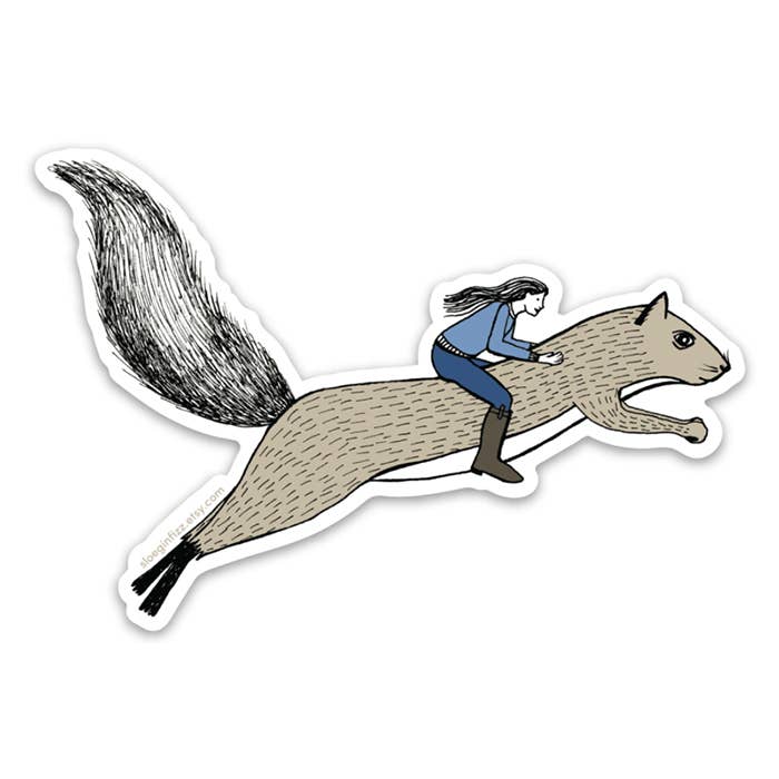 Girl Riding A Squirrel Vinyl Sticker for wholesale by Sloe Gin Fizz