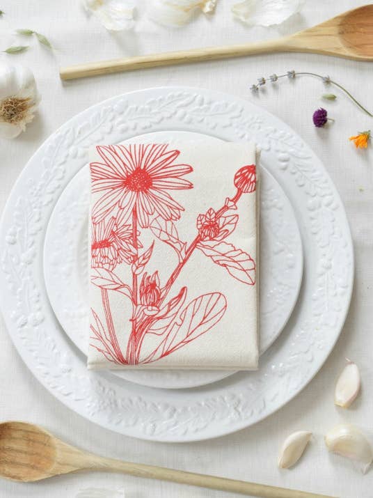 Organic Cotton Calendula Tea Towel in Red - Floral Print for wholesale by Hearth and Harrow