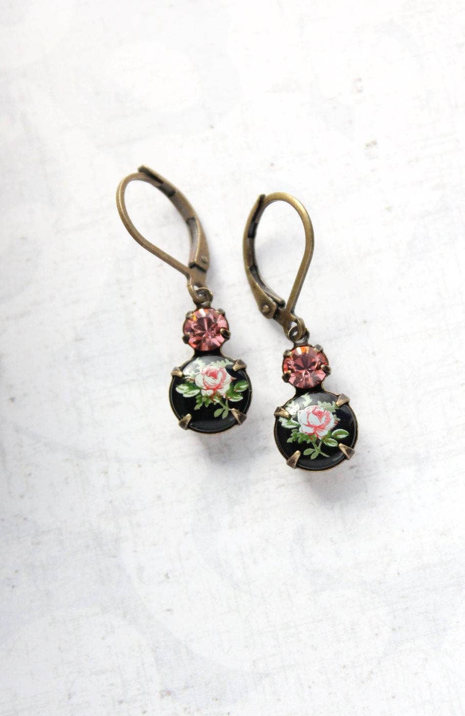 A Pocket of Posies - Wholesale Dangle Earrings - Little Cameo Earrings - Vintage Glass  - Pink Rose on Black3