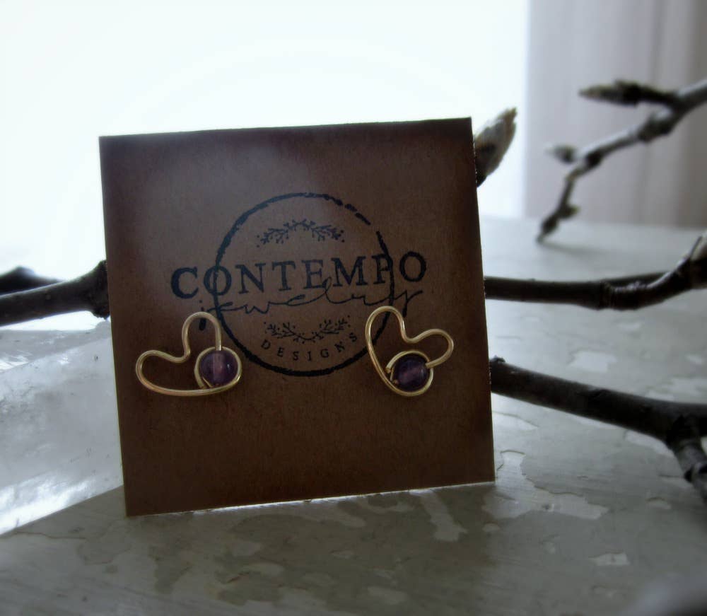 Contempo Jewelry - Wholesale Stud/Post Earrings - Amethyst + Gold Heart Stud Earrings0