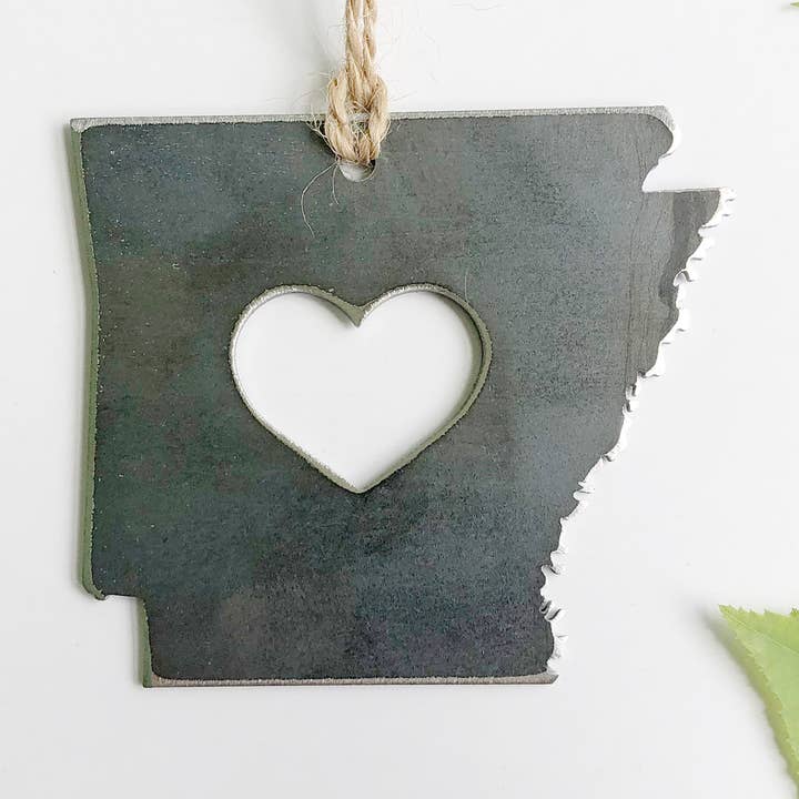 Arkansas State Raw Steel Metal Ornament for wholesale by BE Creations & Designs, Inc.