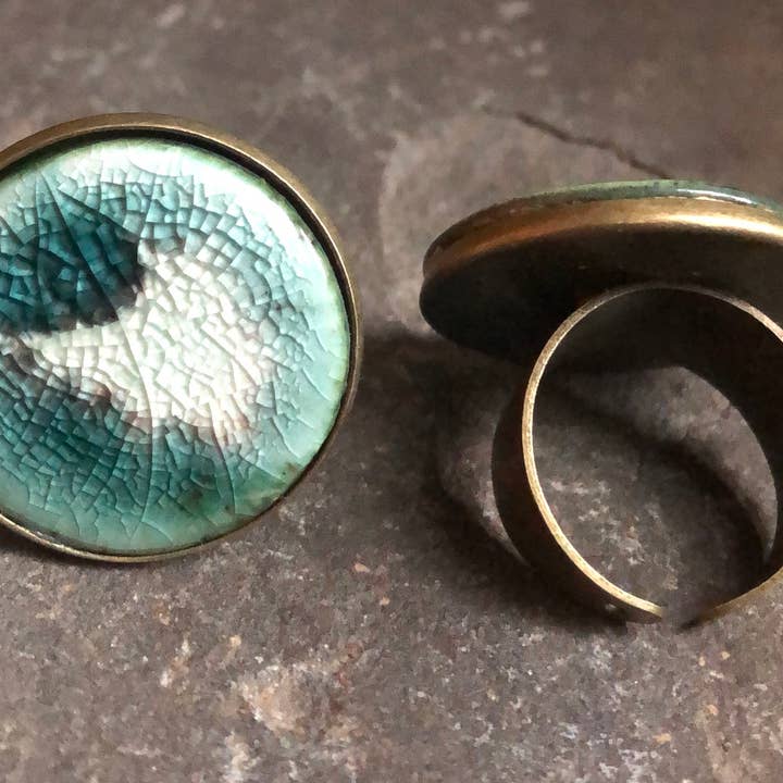 Teal Green Black & White Modern Adjustable Statement Ring for wholesale by corico