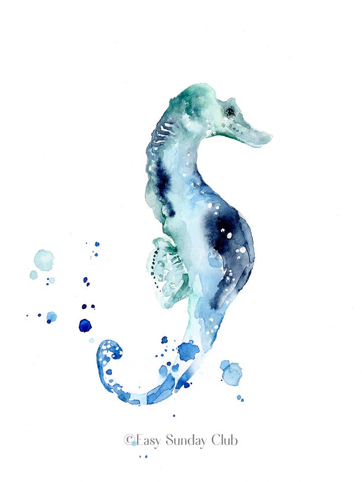 Teal Seahorse Watercolor Art Print for wholesale by Easy Sunday Club