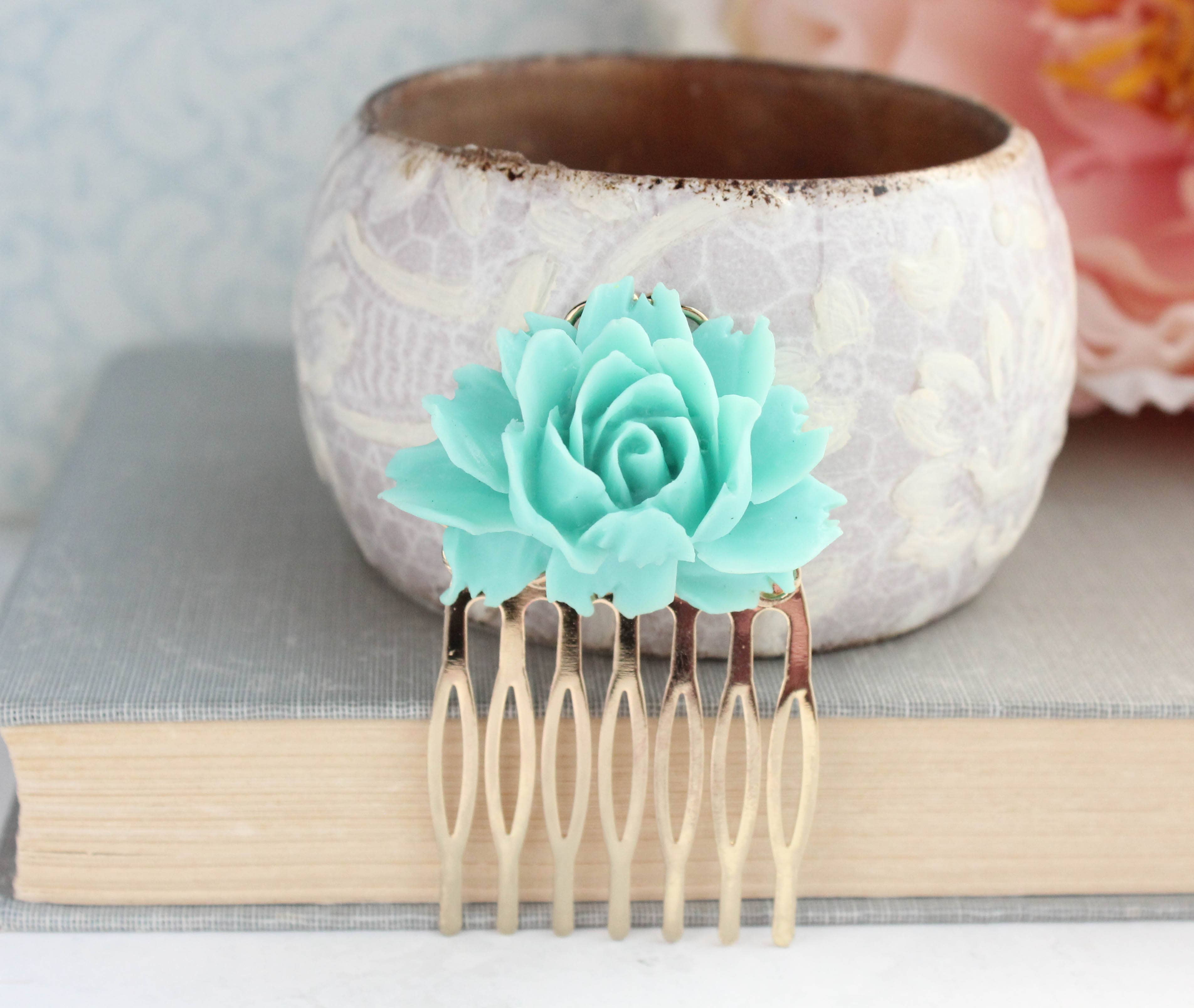 A Pocket of Posies - Wholesale Hair Pin - Rose Hair Comb - Teal1