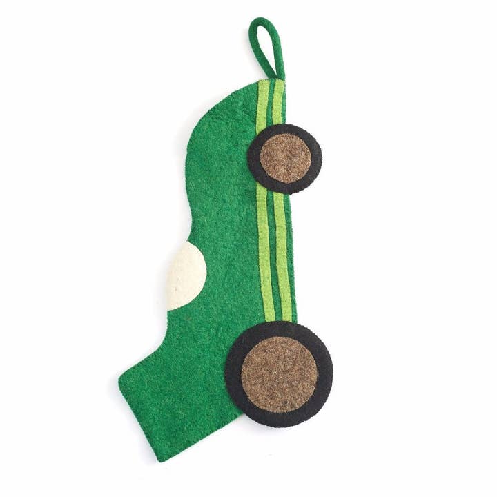 Hand Felted Wool Race Car Christmas Stocking in Green, Boy for wholesale by Arcadia Home