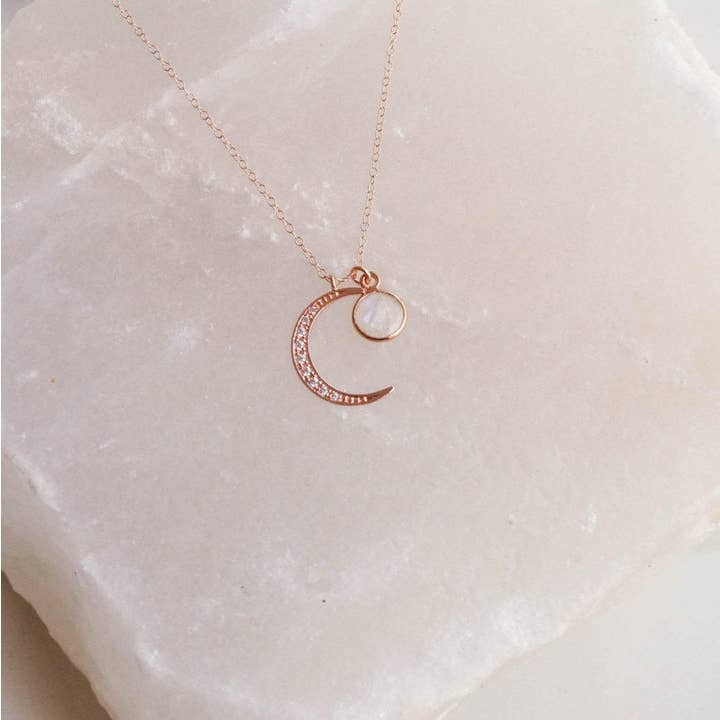 Rose Gold Two Moons Necklace for wholesale by Wander + Lust Jewelry