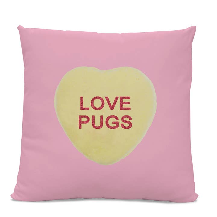 Love Pugs Pillow 14" x 14" Spun Polyester for wholesale by Sophisticated Pup