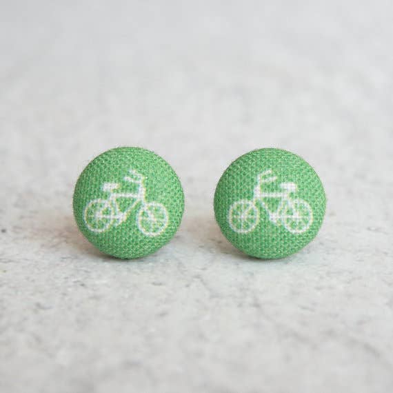 Rachel O's - Wholesale Stud/Post Earrings - Green Bikes Fabric Button Earrings