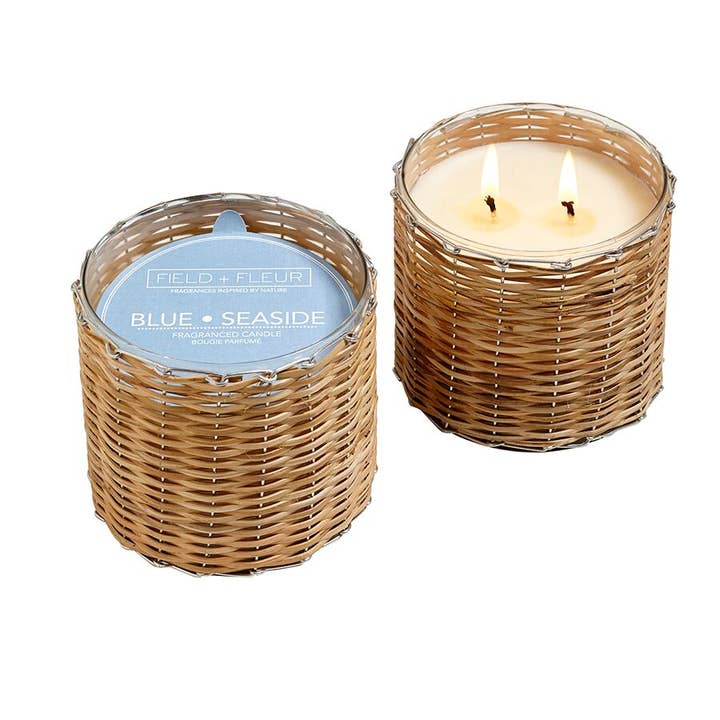 Blue Seaside 2 Wick Handwoven Candle 12oz. Ctn.6 for wholesale by Hillhouse Naturals/Field+Fleur