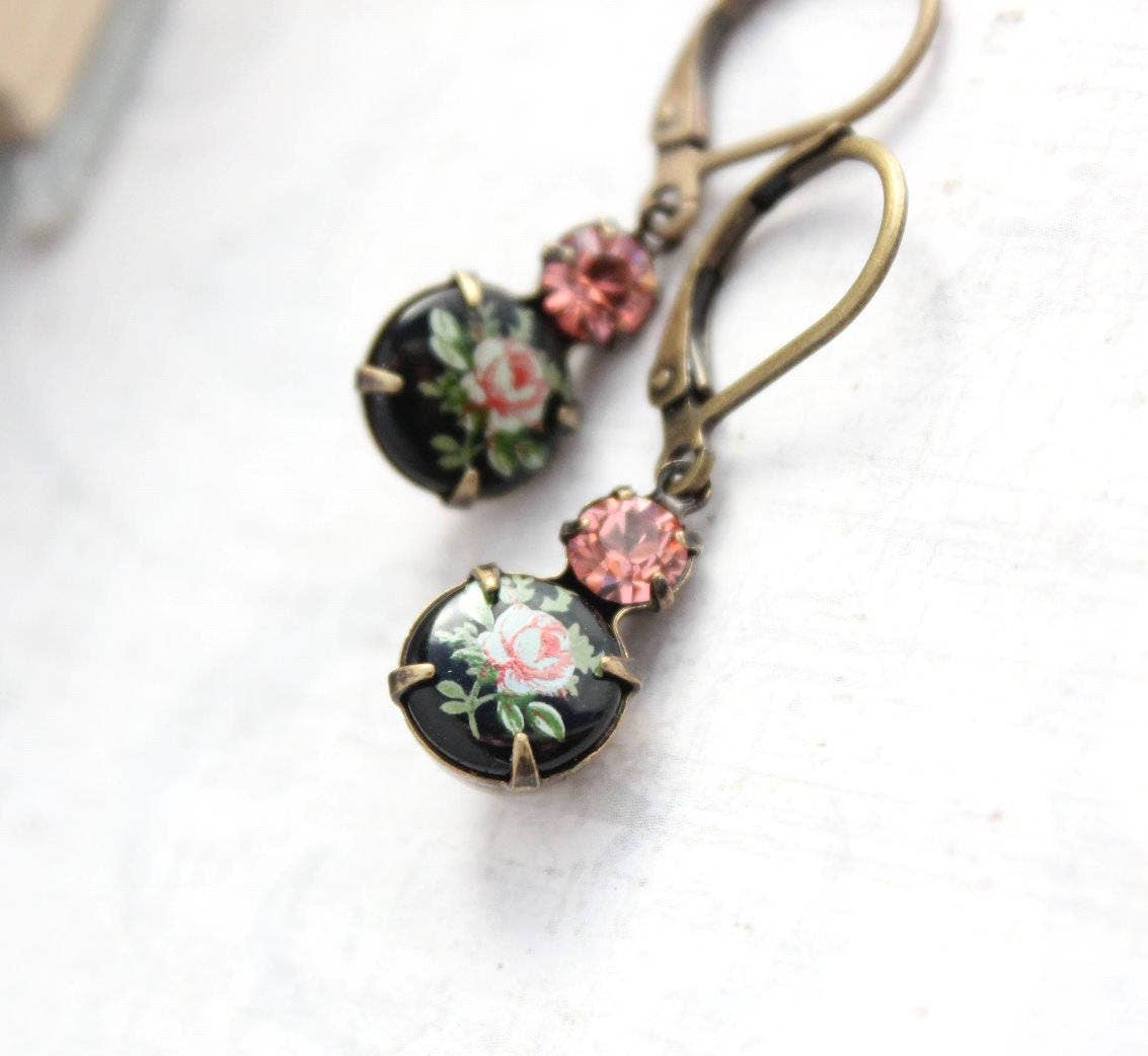 A Pocket of Posies - Wholesale Dangle Earrings - Little Cameo Earrings - Vintage Glass  - Pink Rose on Black5