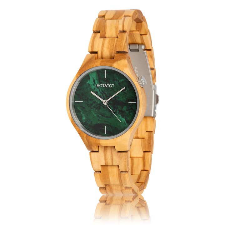 HOT&TOT – Großhandel Armbanduhr – Unisex – VOLEA | Holzuhr | Grüner Marmor | Olive | Nachhaltig