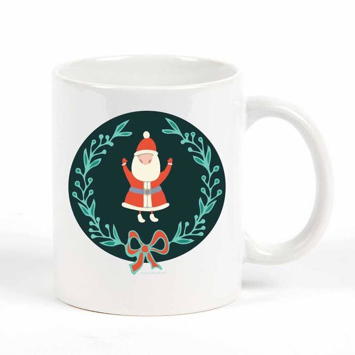 Happy Santa in Wreath Circle Mug for wholesale by Potluck Press