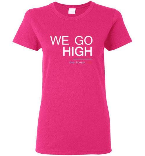 REMOVED BRAND - Wholesale Screen Printed T-Shirt - Women's - We Go High Women's Cut Fitted T Shirt / White on Dark Pink0