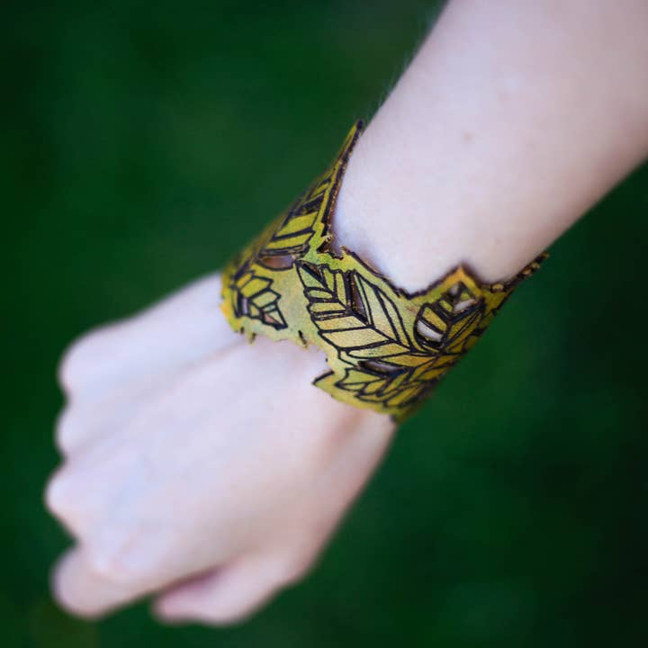 Leather Leaf Cuff for wholesale by Buzzing Bird Studios, LLC