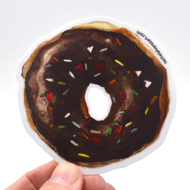 Chocolate donut sticker for wholesale by Rachel Alvarez Art