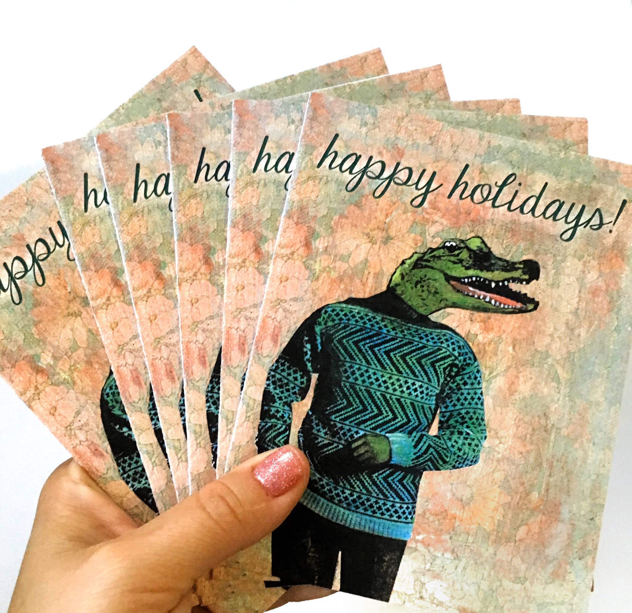 Pergamo Paper Goods - Wholesale Season's Greetings Card - Alligator Holiday Card Set of 6 - Men's Card, Vintage Style0