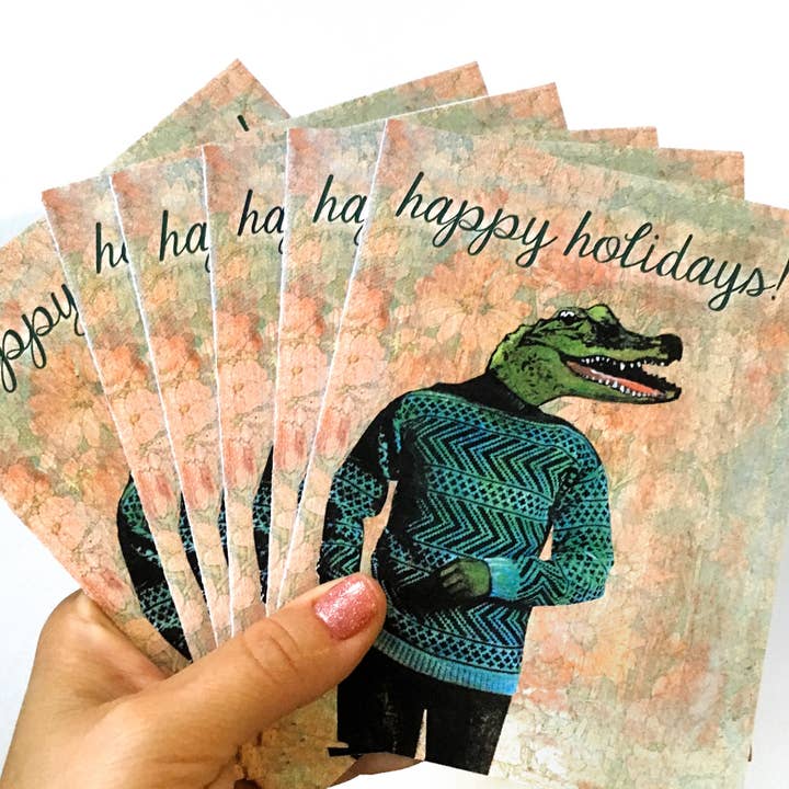 Pergamo Paper Goods - Wholesale Season's Greetings Card - Alligator Holiday Card Set of 6 - Men's Card, Vintage Style