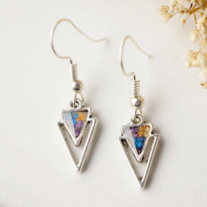 Silver Arrowhead Drops in Purple, Blue & Orange Real Dried Flowers and Resin Earrings for wholesale by Ann + Joy