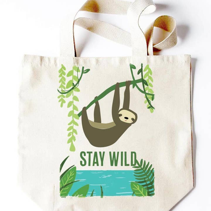 Stay Wild Hanging Sloth Tote for wholesale by Potluck Press