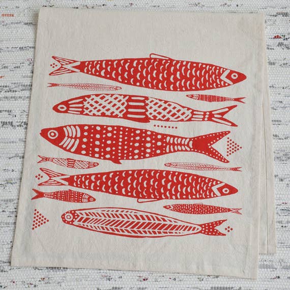 Hearth and Harrow - Wholesale Tea Towel - Sardines Tea Towel in Red - Organic Cotton - Fish Print