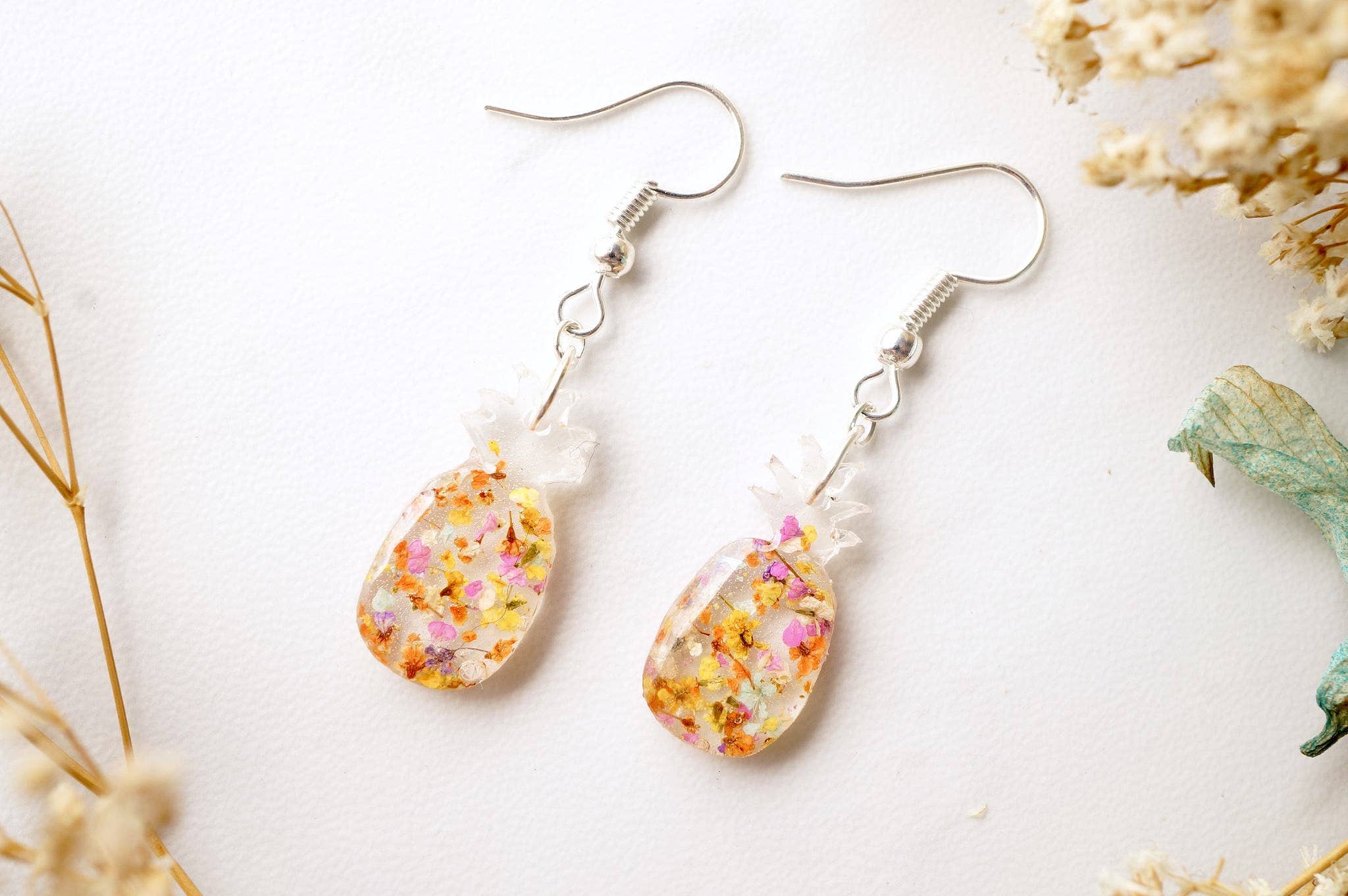 Ann + Joy - Wholesale Dangle Earrings - Pineapple in Yellow & Orange Mix Real Dried Flowers and Resin Earrings1