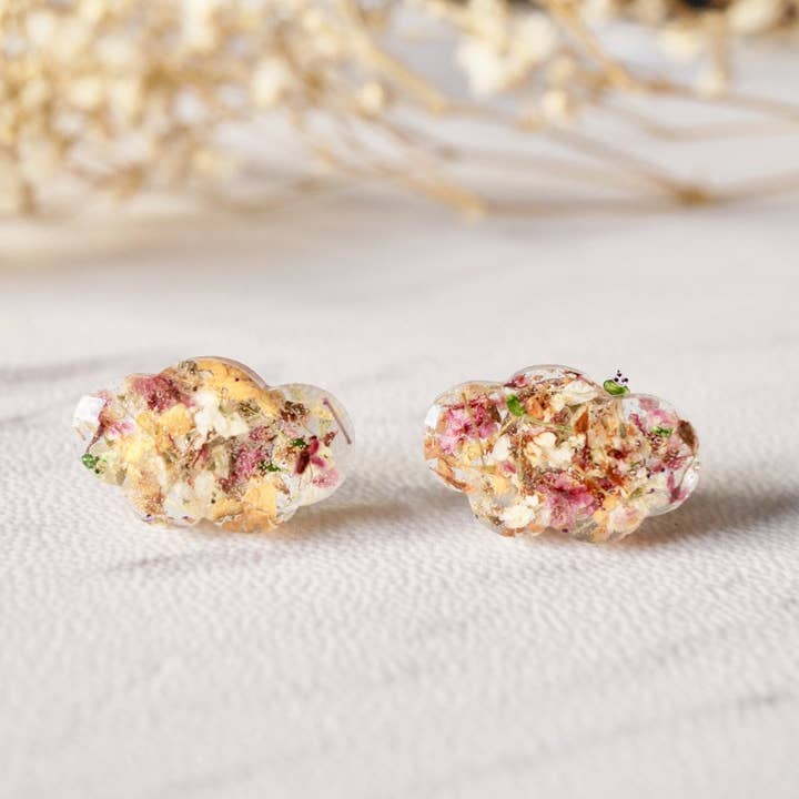 Cloud in Orange, Rose, White & Green Real Dried Flowers and Resin Stud Earrings for wholesale by Ann + Joy