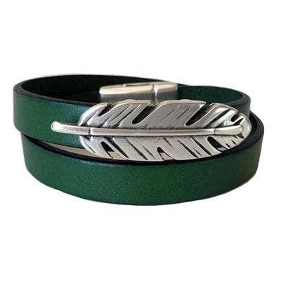 Vert - Plume Argent Bracelet Cuir pour la vente par LIVE AHA