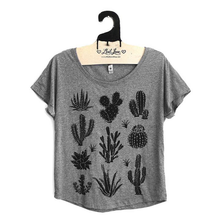 Mad Love Shop - Wholesale Screen Printed T-Shirt - Women's - Gray Dolman Top with Cactus and Succulents Design Black0