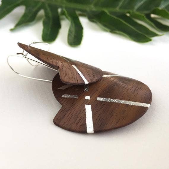 Walnut Wood And Pure Silver Crossing Lines Fan Earrings for wholesale by Kohli Kraft