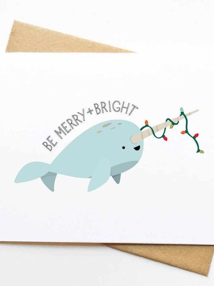 Narwhal Merry + Bright Card for wholesale by Le Trango Studios