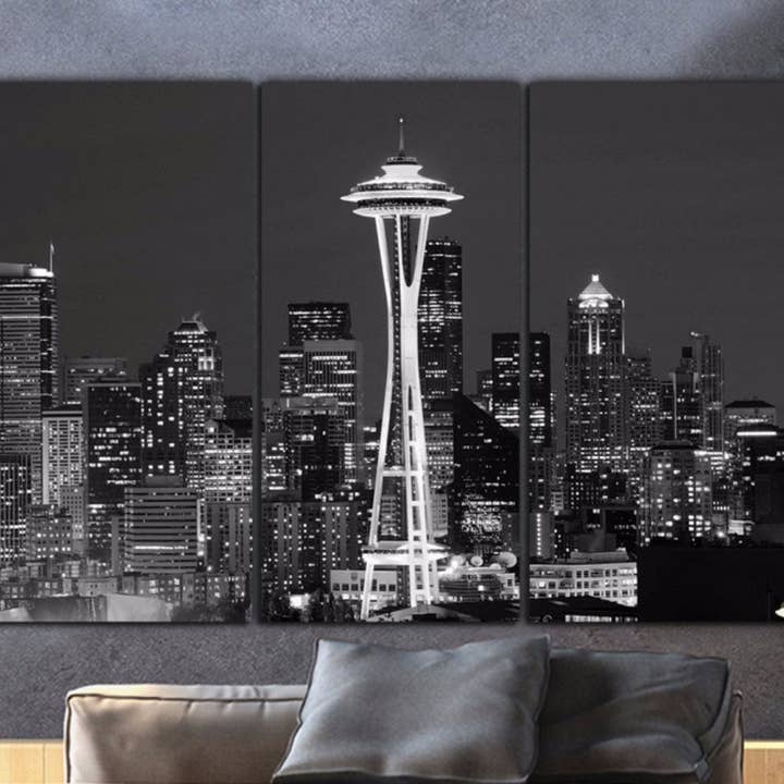 76" x 48" Seattle Skyline 3 Panel Canvas B&W Large Wall Art for wholesale by HolyCowCanvas