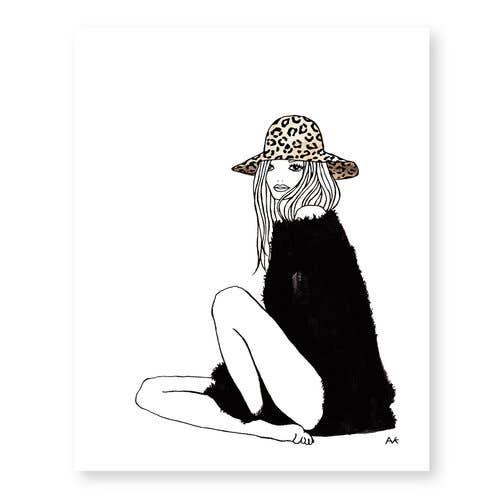 Leopard Hat Woman Fashion Sketch Art Print, 8x10 for wholesale by akrDesignStudio
