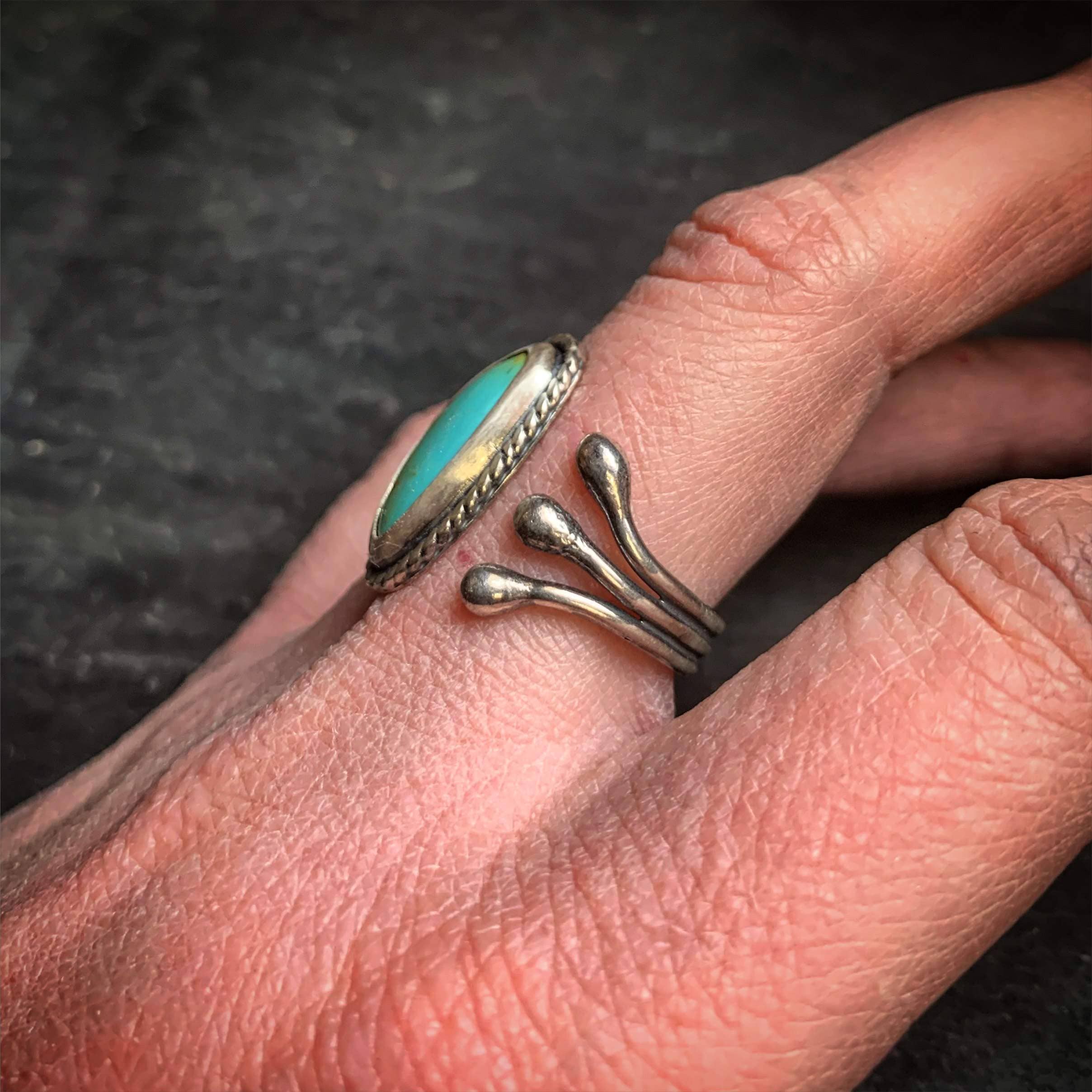 Raegan Hough Metalsmith – wholesale Cocktail/statement ring – American Turquoise Ring with Rope And Open Shank1