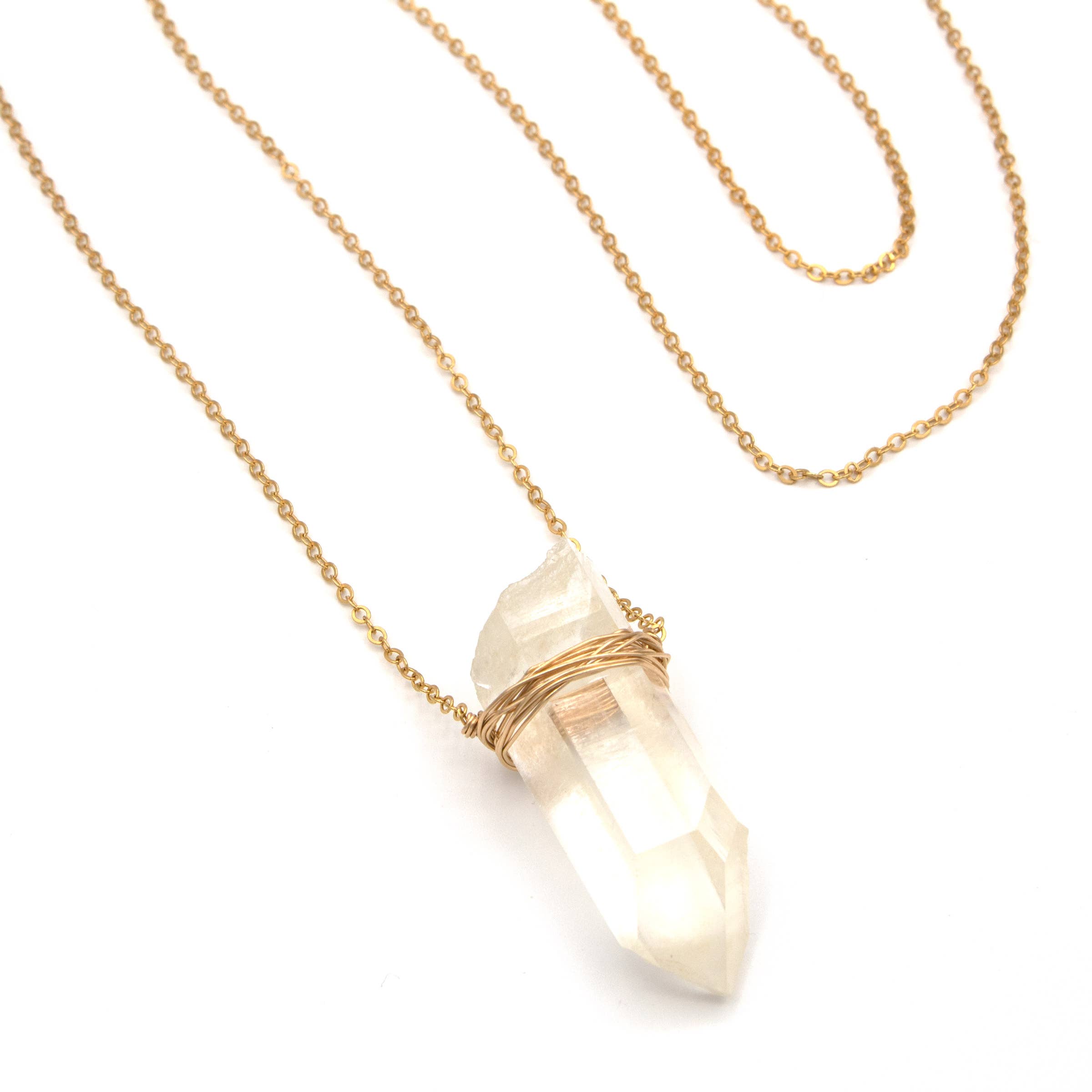 Crystal and Gold - Vente Colliers à pendentif - Collier en quartz lémurien long cristal2