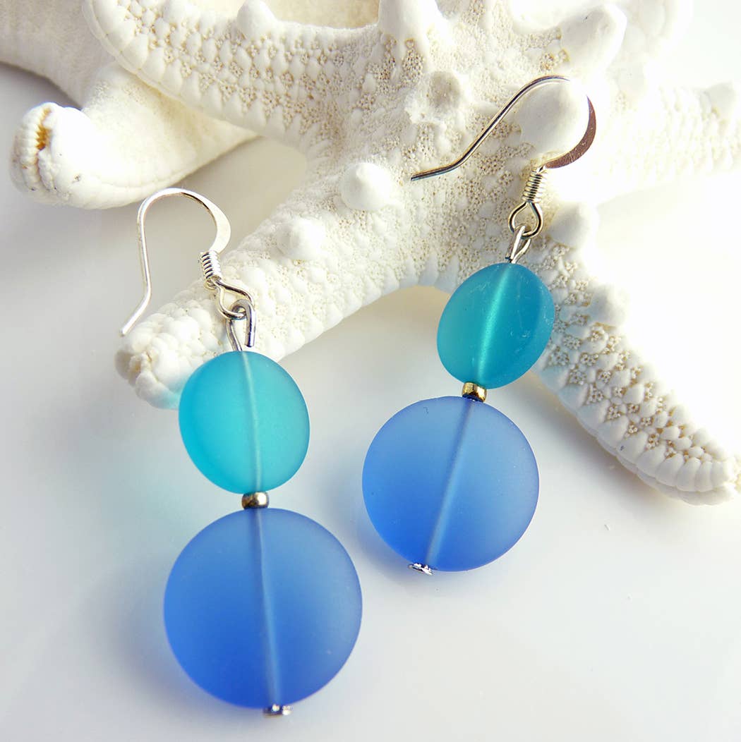 Sand Earrings and Silver Beads Beachy Colors with Sparkling Green Blue