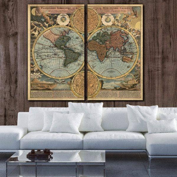 HolyCowCanvas – wholesale Map – 50" x 40" 1700's Vintage World Map Canvas Wall Art