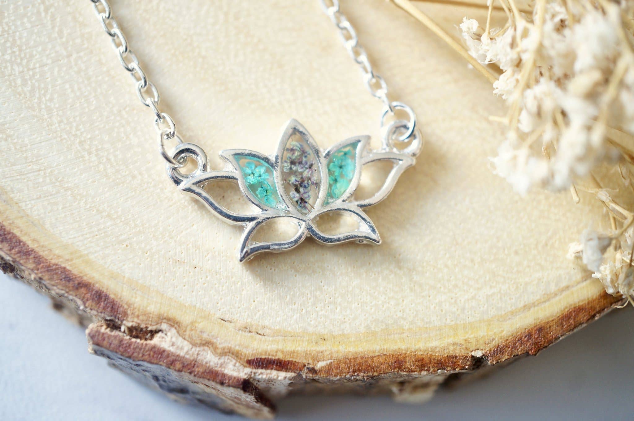 Ann + Joy - Wholesale Pendant/Charm Necklace - Silver Lotus Flower in Teal & Deep Purple Real Pressed Flowers and Resin Necklace1