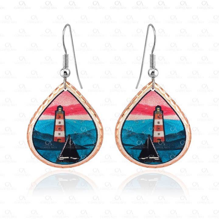 COPPER ARTS INC. - Wholesale Dangle Earrings - NE 01 Lighthouse Earrings with Sailboat1