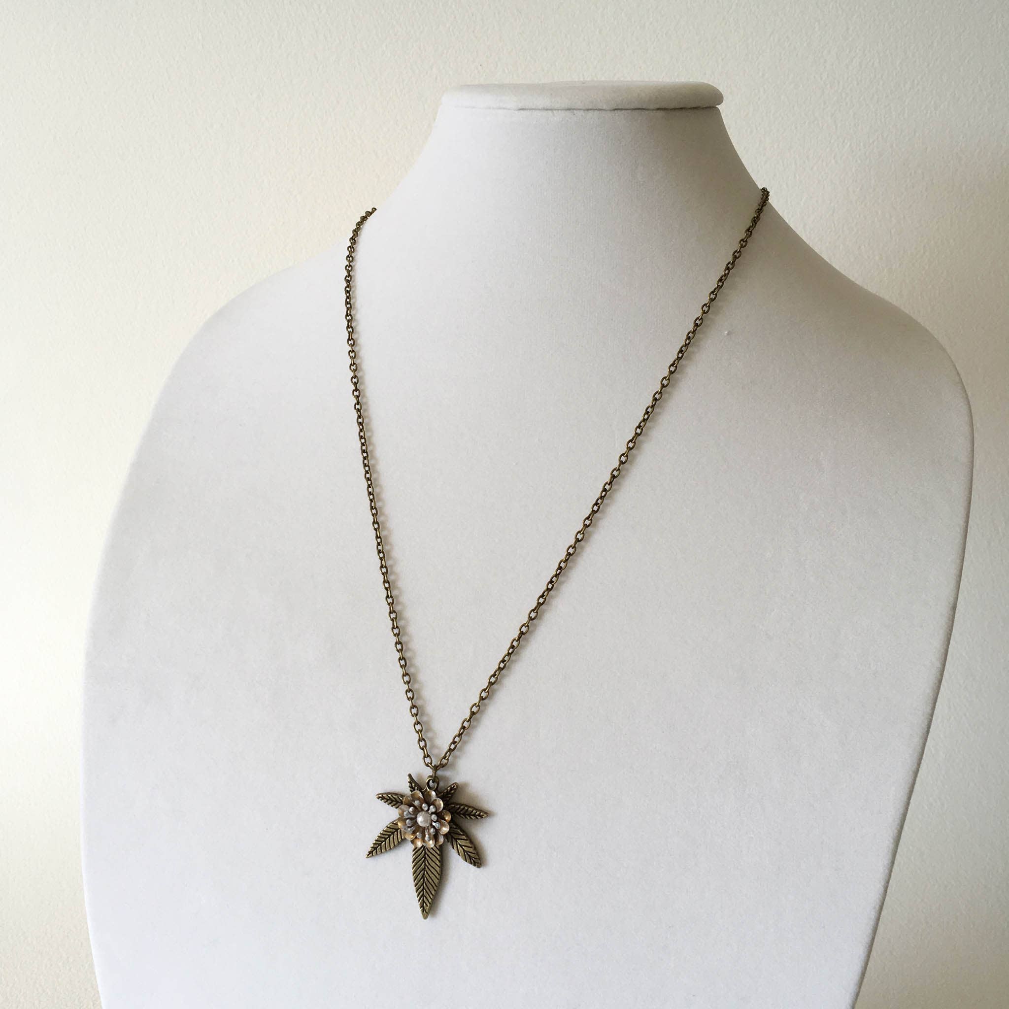 Smokies Toke Couture - Wholesale Pendant/Charm Necklace - Bronze Pearl Flower Cannabis Weed Necklace3