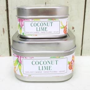 Coconut Lime Soy Candle in Small Tin - Tropical for wholesale by Green Daffodil Bath & Body