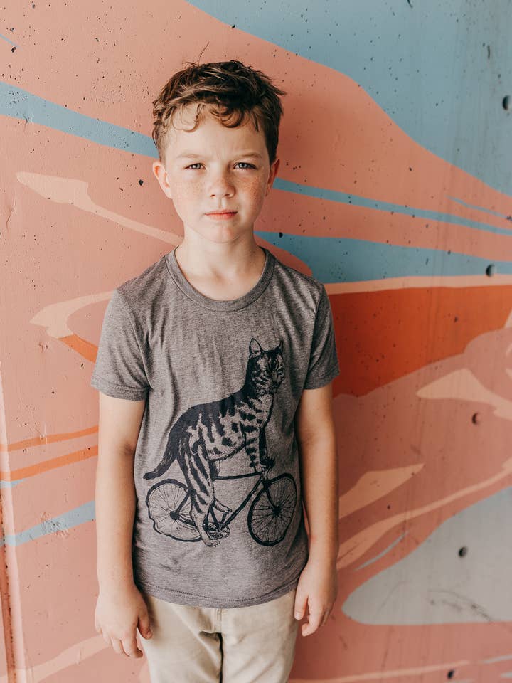 Cat On A Bicycle Kids Shirt for wholesale by Dark Cycle Clothing