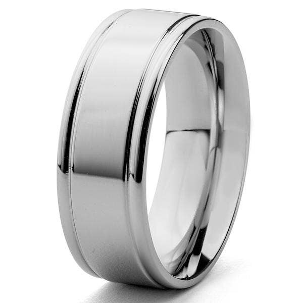 West Coast Jewelry - Wholesale Band/Stacked Ring - Grooved Edges Polished Stainless Steel Band Ring - 8mm