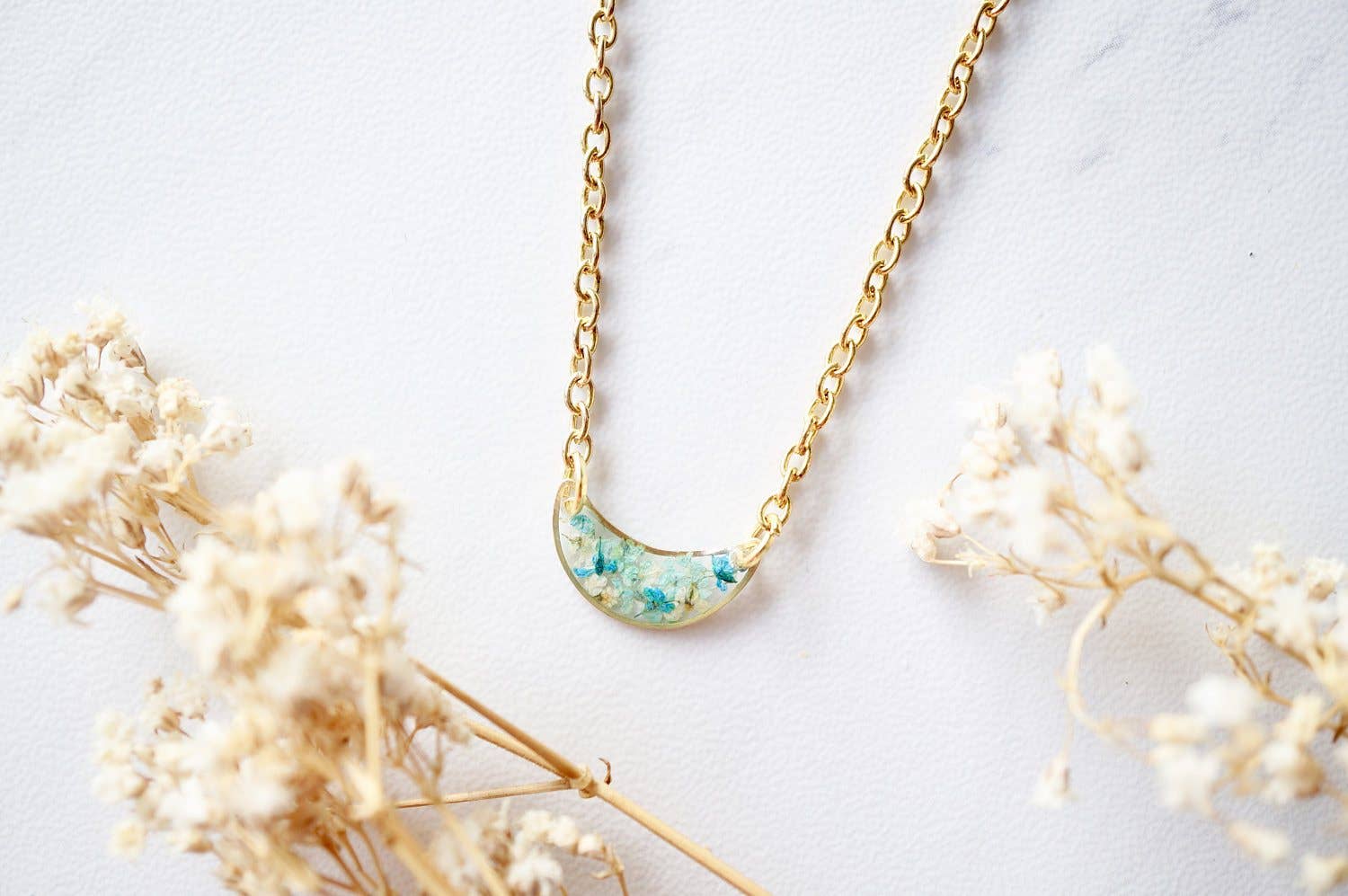 Ann + Joy - Wholesale Pendant/Charm Necklace - Gold Half Moon in Teal, Mint & White Real Dried Flowers in Resin Necklace2