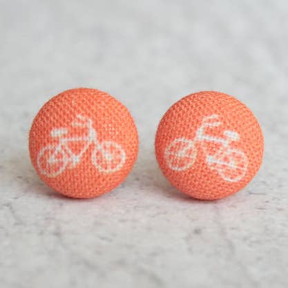 Rachel O's - Wholesale Stud/Post Earrings - Orange Bikes Fabric Button Earrings