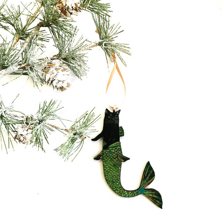 Pergamo Paper Goods - Wholesale Ornament - Black Cat Mermaid Laser Cut Wood Christmas Ornament